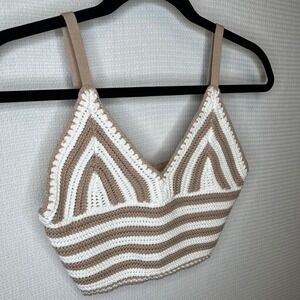 Hollister Women Small Tan White Crochet Knit Bralette Boho Striped Crop Top